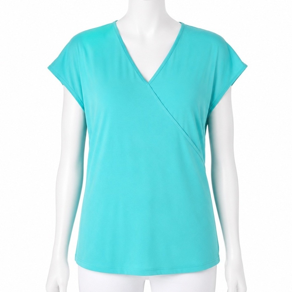 CSC Studio Faux Wrap Top Women M Teal Blue Cap Sleeve Stretch V-Neck Minimalist